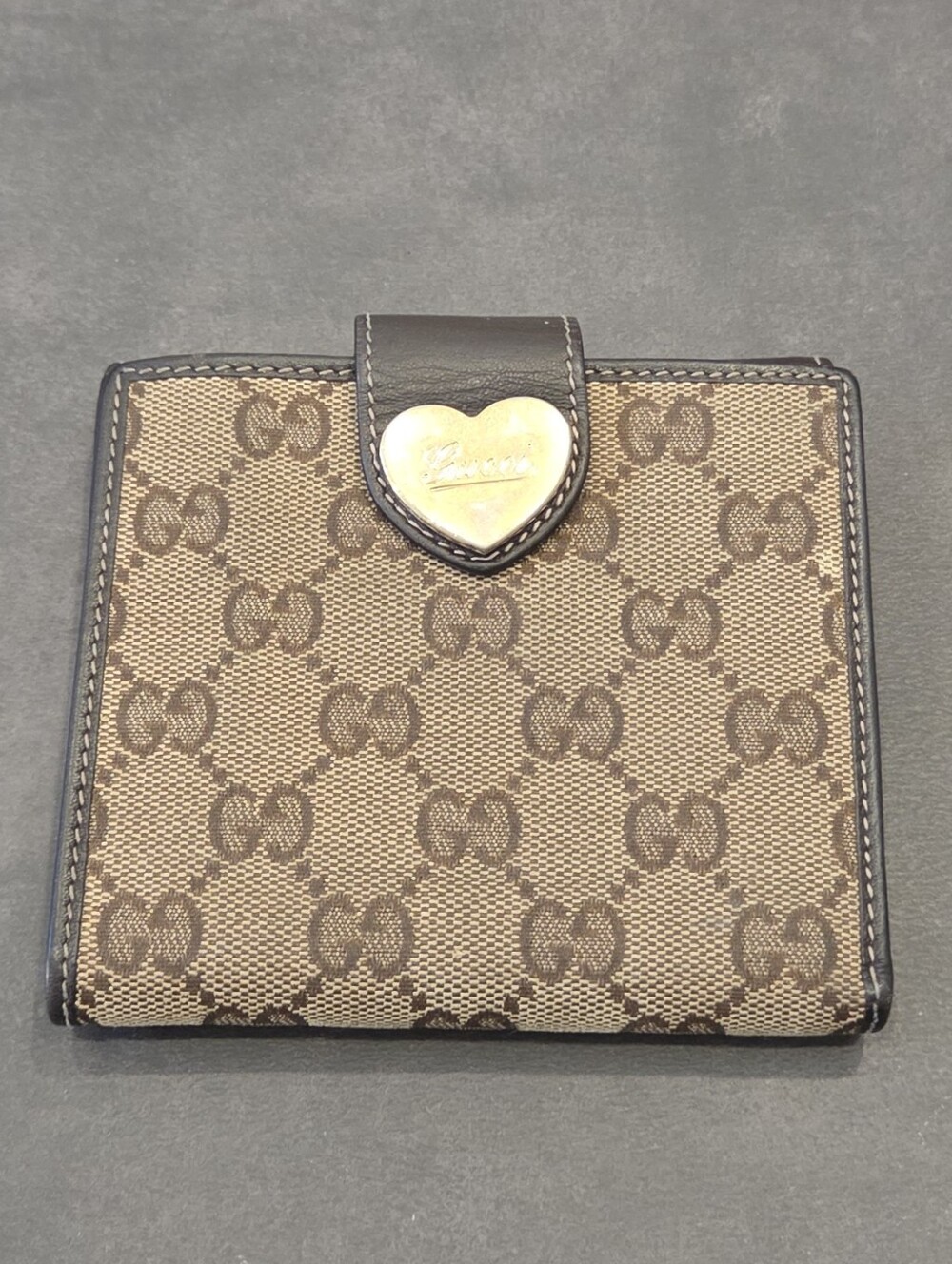 Gucci Brown Monogram Compact Wallet with Heart Tab
